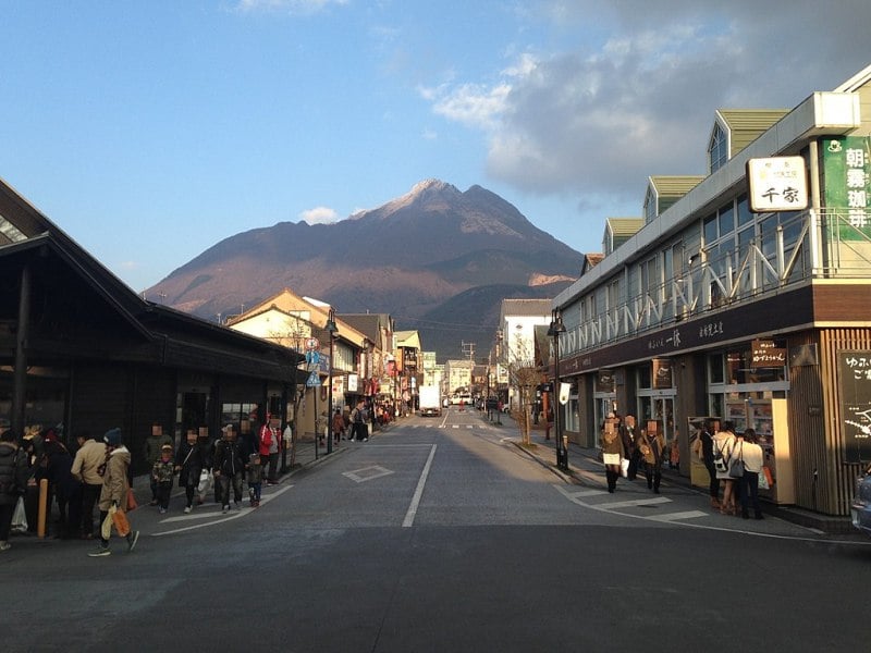 Yufuin Onsen Street and Mount Yufudake in the background. 